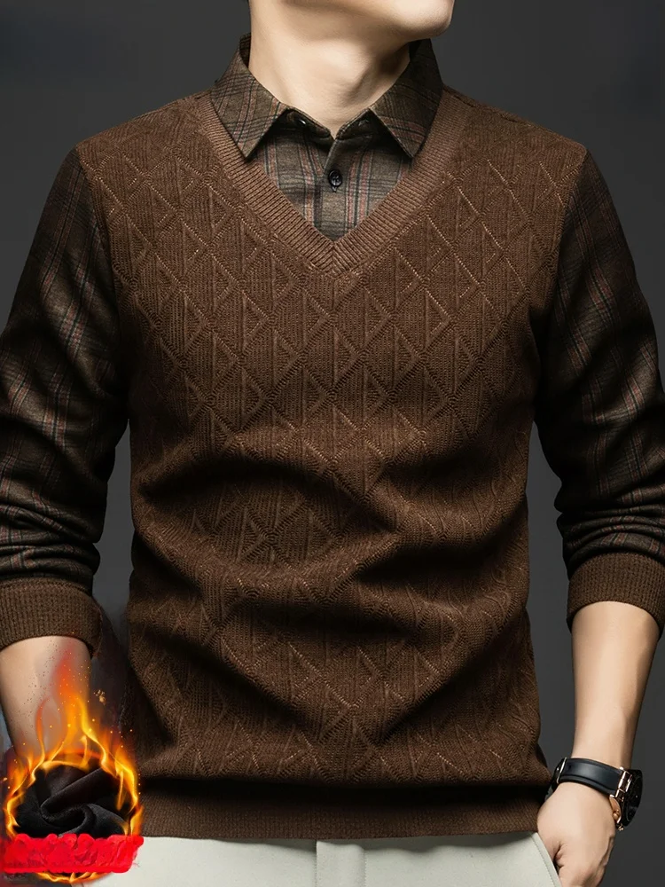 

Thiened Fce Men's Knitted Sweater with irt Collar Fake Two-Piece Design Winter Warm Top Casual Loose Fit Mid-Year