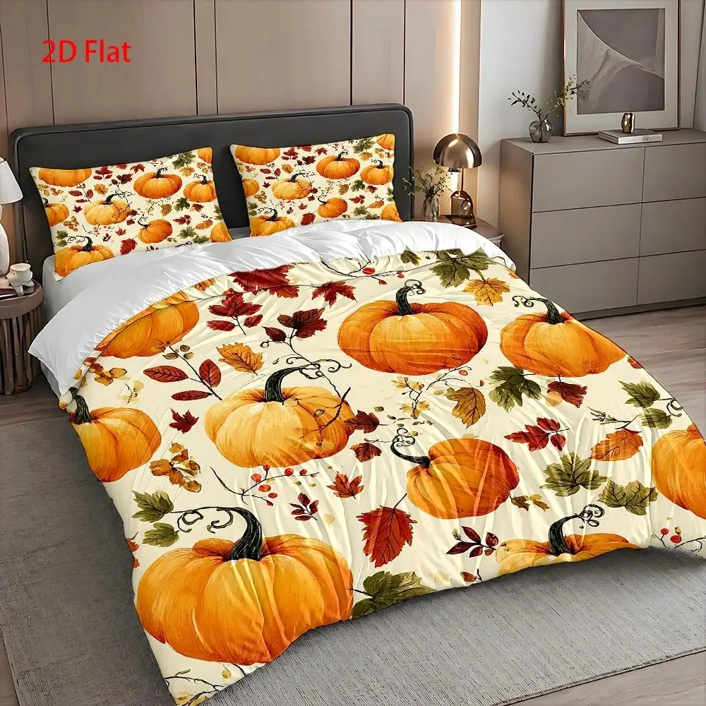 Zippered Duvet Cover Set, Flat Print Duvet Cover Three-Piece Set, Pumpkin and Autumn Leaf Harvest Theme, Watercolor Hand-Painted Style, Three-Piece Bedding Set (1*Duvet Cover + 2*Pillowcases), Suitable for All Seasons, Machine Washable, Invisible Zipper Design, Large Double Bed Cover Set, Suitable for Home, Dormitory, Master Bedroom, Guest Room, Bedroom Decor Bedding, Hot-Selling Fantasy Style Duvet Cover Three-Piece Set