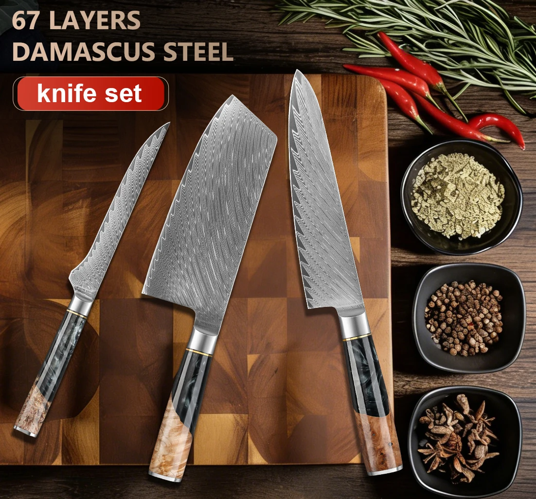 3 Pieces Damascus Steel Kitchen Knife Collection, Sharp Chef Cleaver Boning Knife, Wear-resistant Handle Cooking Knives for Home