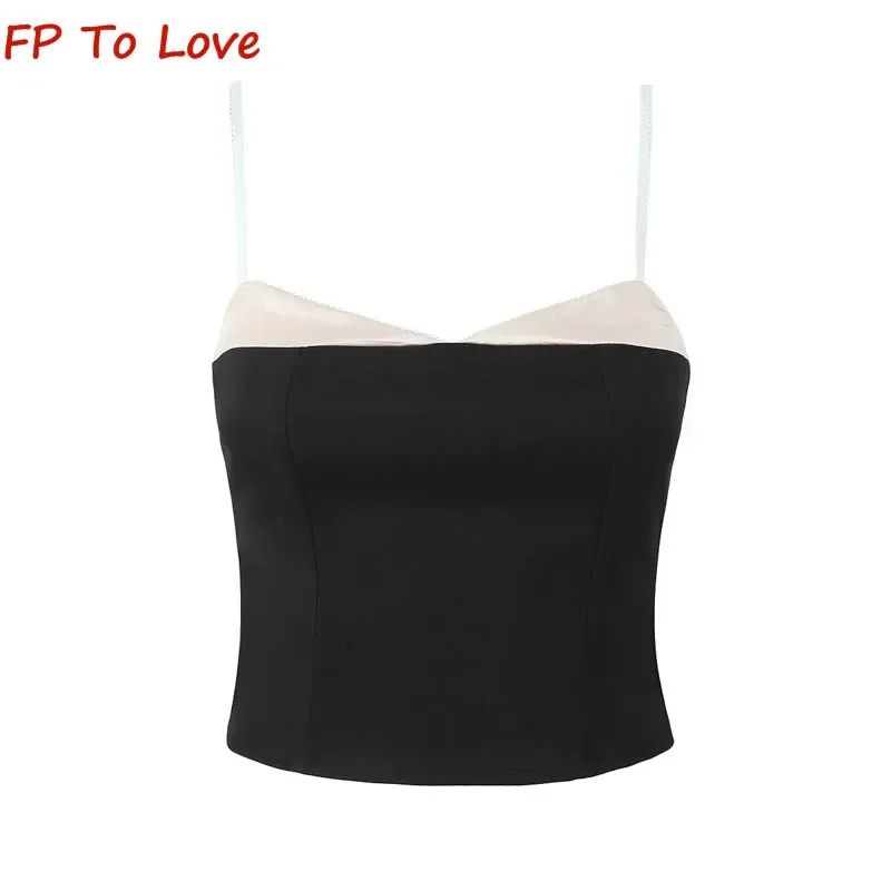 

Colour Blocking Small Camisole Elastic Slimming High Waisted Short Neckless Vest Spice Girls Sexy Breastplaining Top