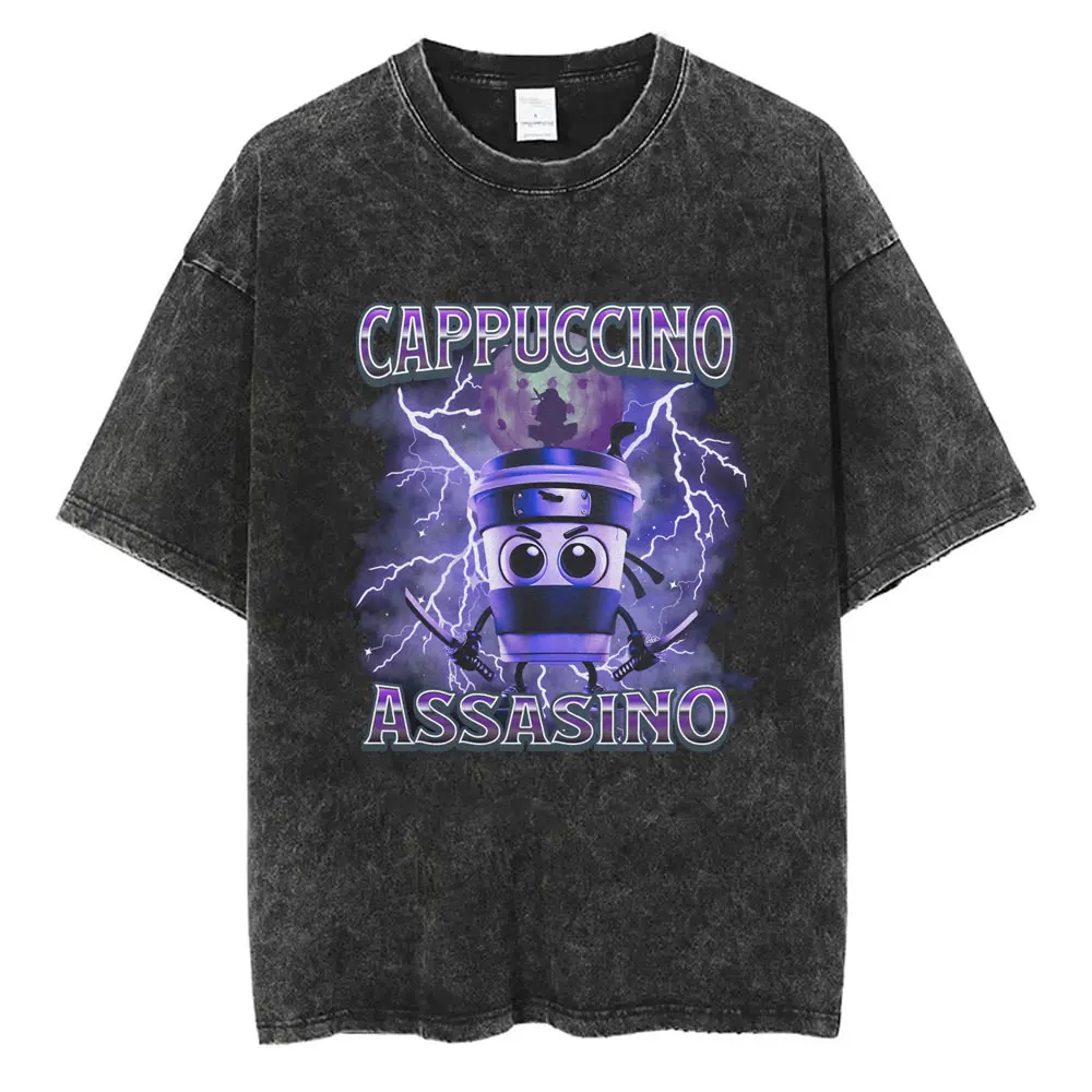 Washed Vintage T-shirt Italian Brainrot Cappuccino Assasino Funny Meme T Shirts Men Women Fashion Oversized Streetwear Tshirt