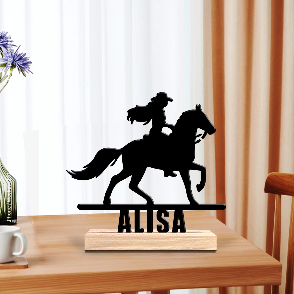 1Pc Csutom Horse Ridding Girl Wooden Base Metal Art Ornament,Home Office Hotel Cafe Club Decor,Ideal Gift for Family Friends