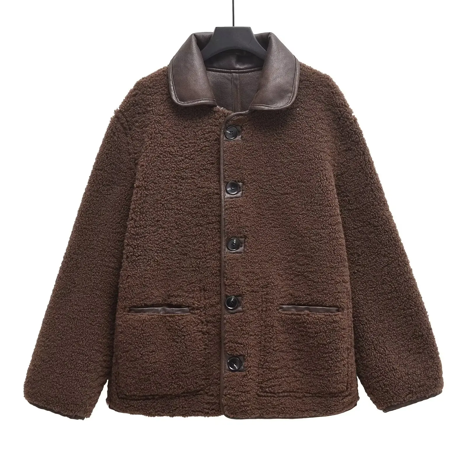 Spring and Autumn Simple Commuting European and American Style Imitation Leather Double Sided Long Sleeved Coat Women