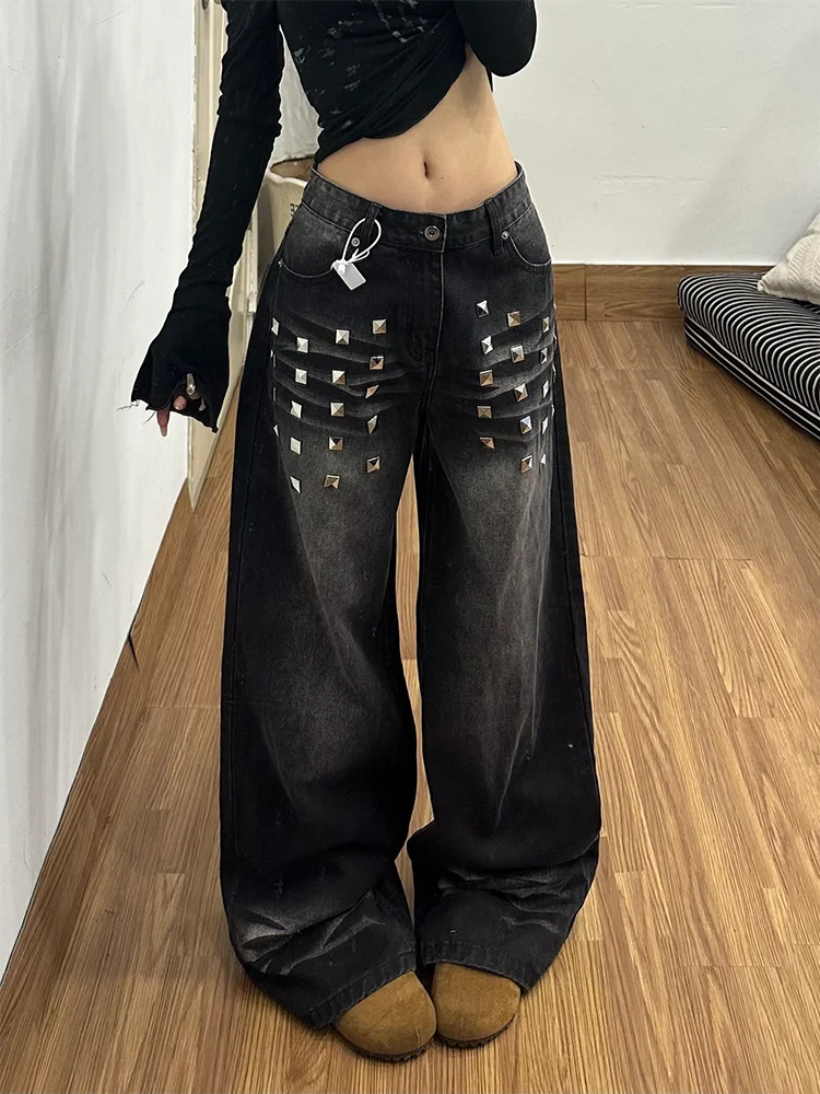 

Large Size American Retro Rivet Washed Straight Leg Denim Pants Women's Autumn Winter New Design Sensation Spicy Wide Leg Flo...