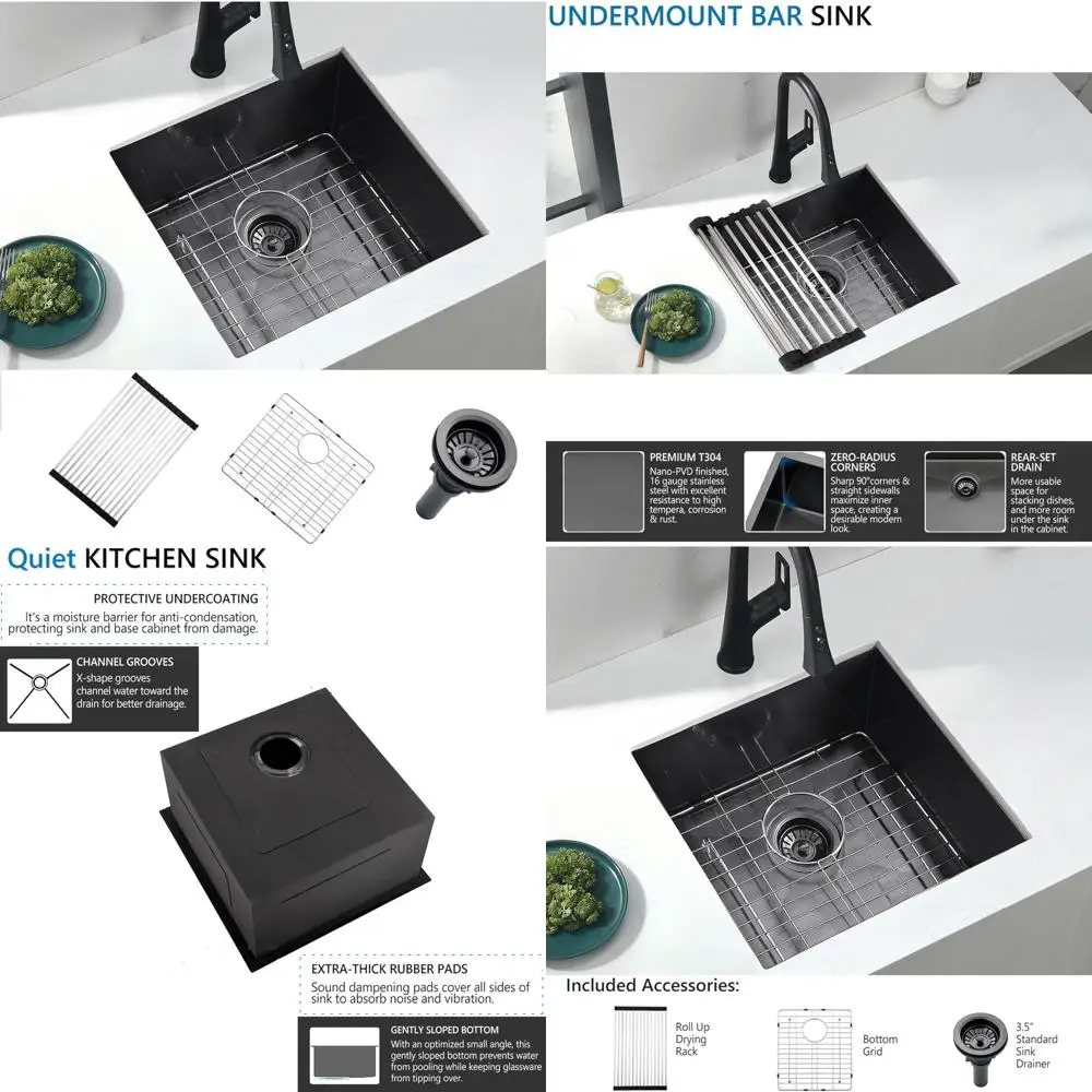 

Black 18 Inch Undermount Bar Sink - Stainless Steel Kitchen Prep Sink for Wet Bar Countertop Use