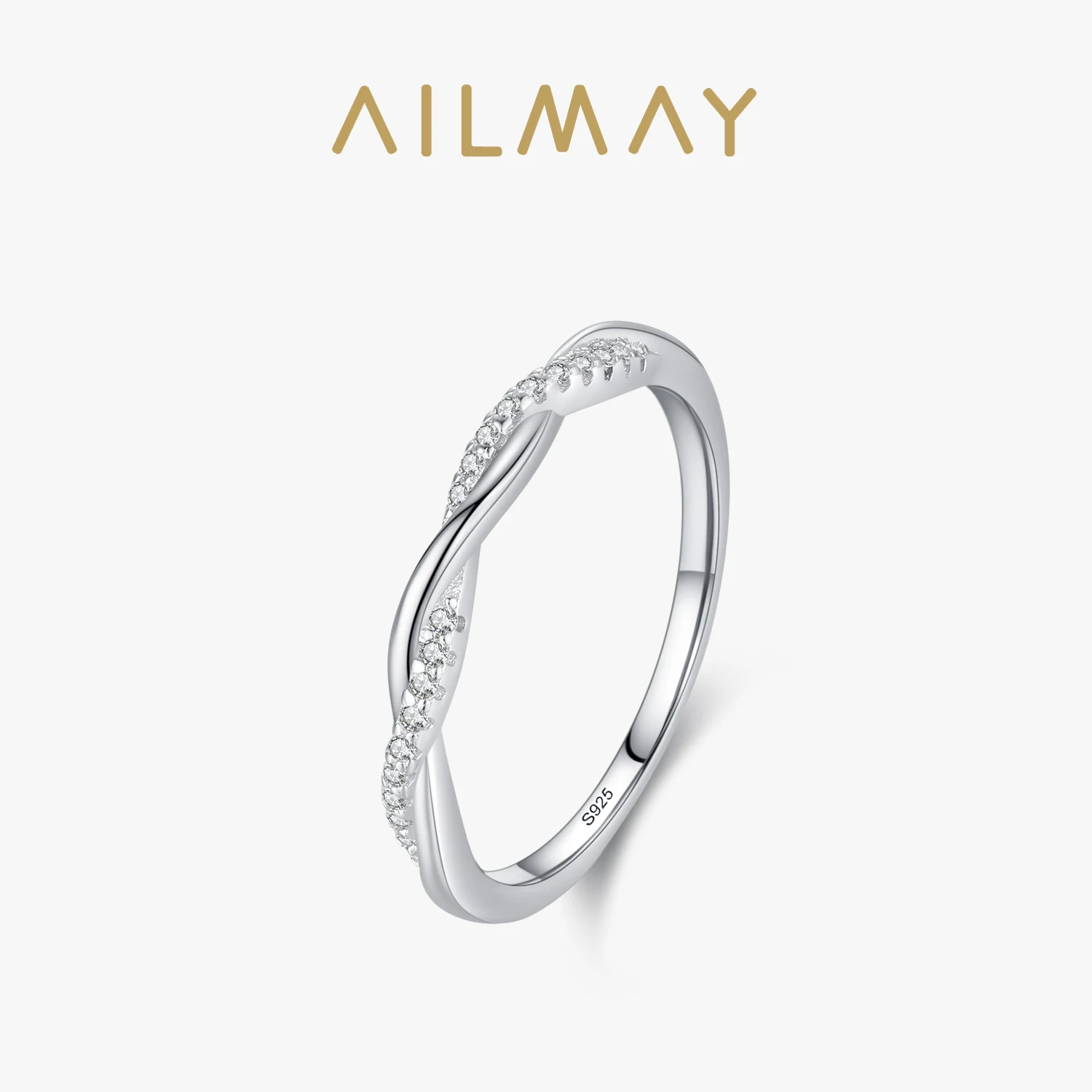 Ailmay 925 Sterling Silver Fashion Shiny Zirconia Staggered Line Design Finger Ring For Women Wedding Statement Fine Jewelry