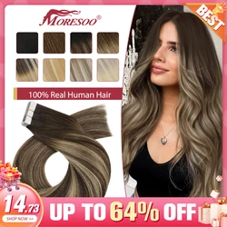 Moresoo 25G Tape in Human Hair Extensions 10 Pieces Natural Straight Remy Hair 14-24inches Blonde Hair Tape in Hair Extensions