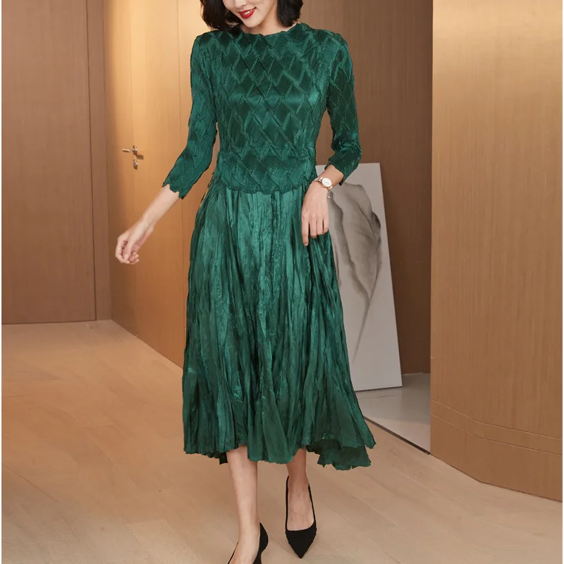 LANMREM Women's Dress Folds Fashion Design Loose Long Sleeve Female Elegant Pleated Dresses 2024 Spring New 2D1464