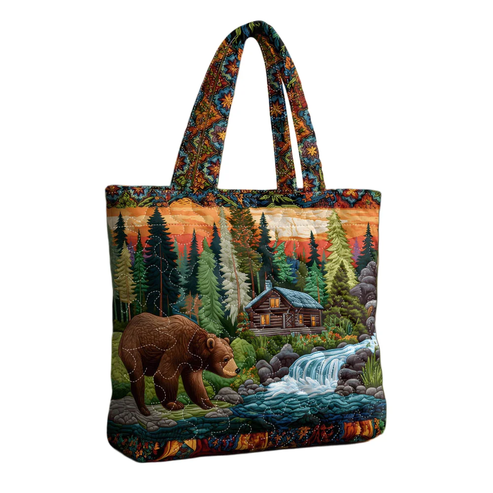 Vintage Bear Cabin Forest Print Tote Bag Quilted Shoulder Bag Large Casual Handbag for Outdoor & Daily Use