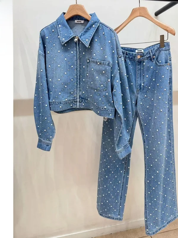 

Pearl Decorated Zipper Denim Jacket And Pants Set Elegant Style Cotton Material Short Coat for Women in Their 20s to 30s