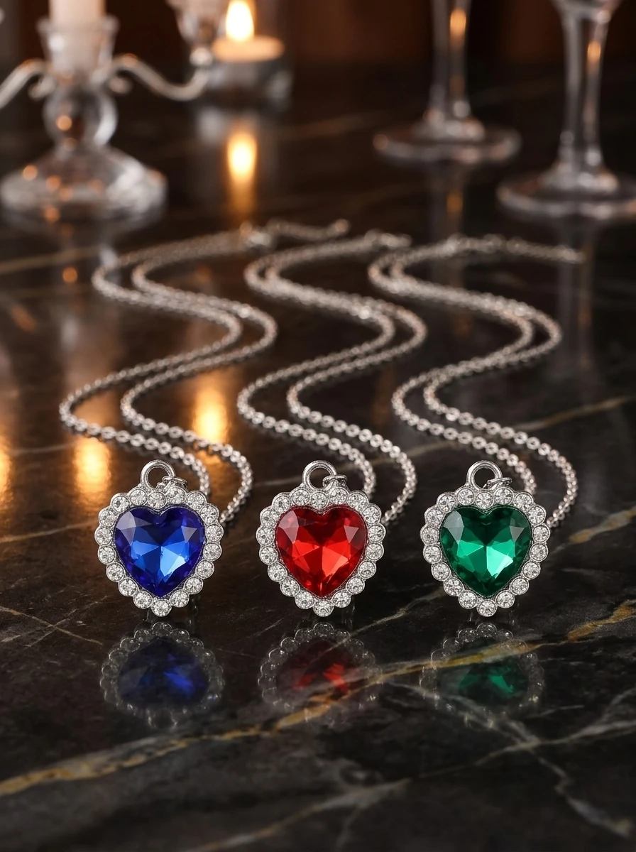 8 Colors Multicolor Heart Crystal Necklace Halo Heart Pendant with Purple Red Pink Blue Green Clear Gem Princess Costume Jewelry