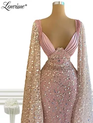 Dubai Design Cape Sleeves Long Evening Dresses Sequined Pink Ceremony Party Dress For Weddings 2022 Customize Prom Dresses Robes