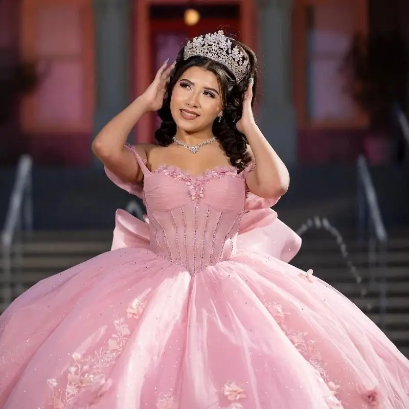 Розовые платья Quinceanera по индивидуальному заказу, бальное платье с открытыми плечами, аппликации, цветочный бант, бусины, тюлевое платье на день рождения, платье 16, Vestidos 15