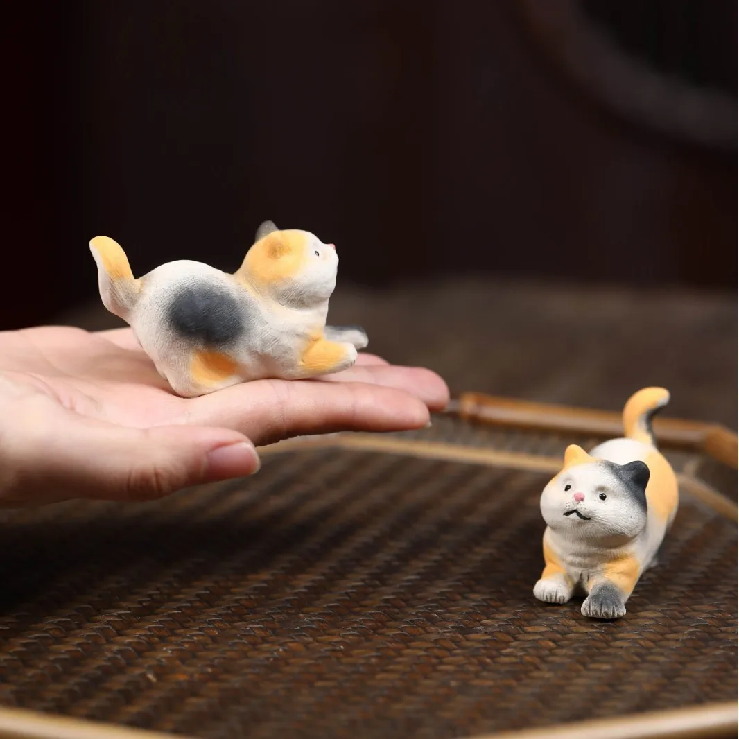 Yixing Purple Clay Fortune Cat, Three-Spotted Cat Pet Ornament, Cute Healing, Creative Accessory For Trays And Tea Tables