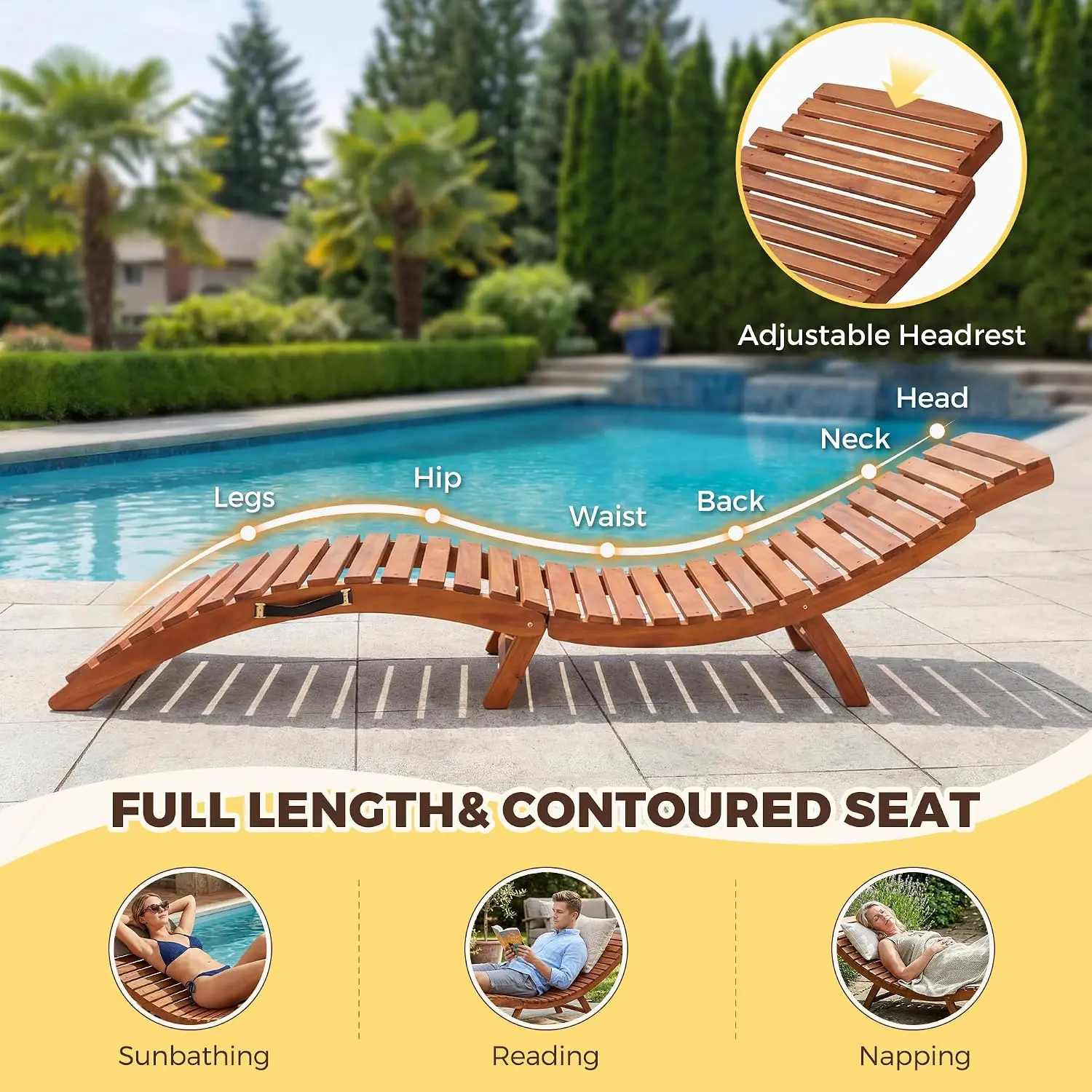 Acacia Wood Outdoor Lounge Chair with Side Handle 2pcs, Customized