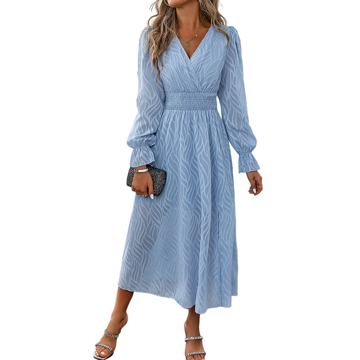 High Quality Dress 2024 Autumn Winter Elegant Jacquard Long Sleeved V-neck Dress Waistband Vestidos Maxi Dresses Women Vintage