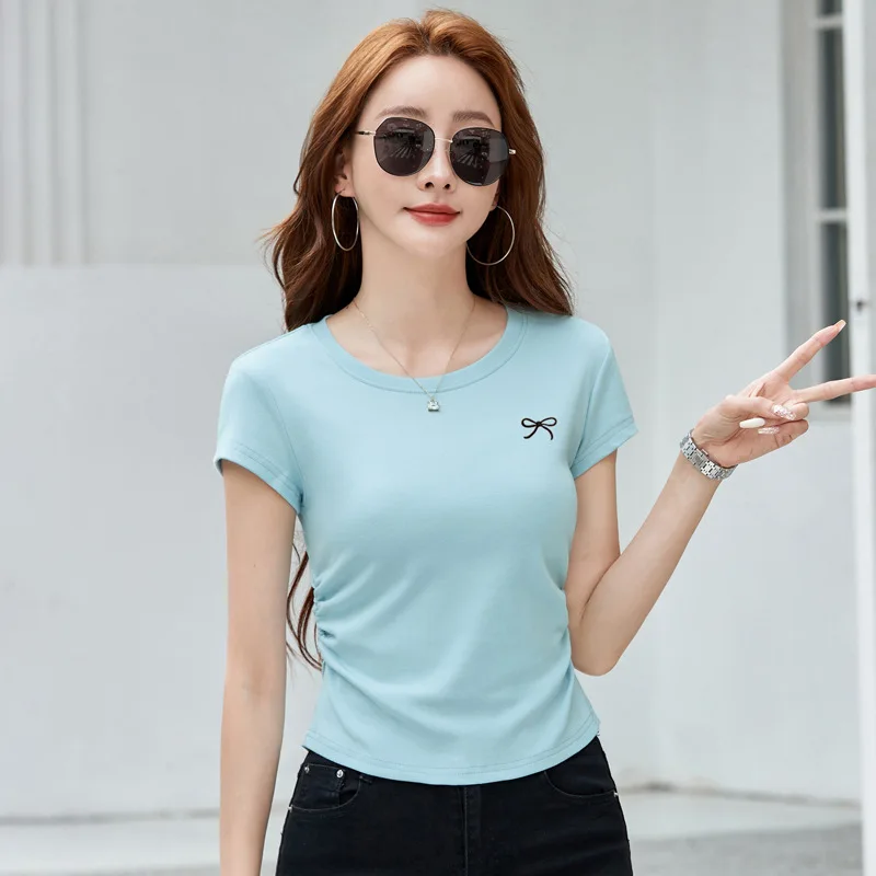 قصيرة الأكمام الجولة الرقبة المرأة تي شيرت الصيف المرأة قاعدة قميص نصف كم عادية بلون المرأة تي شيرت #2