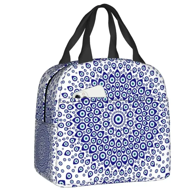 Custom Watercolor Evil Eye Nazar Painting Portable Lunch Box Women Hamsa Lucky Charm Thermal Cooler Food Insulated Lunch Bag