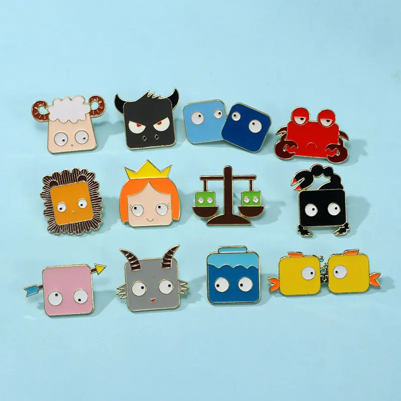 Statement Square The Zodiac Theme Pins Cute Cartoon Constellation Figure Enamel Brooches Cheap Jewelry Badge Wholesale