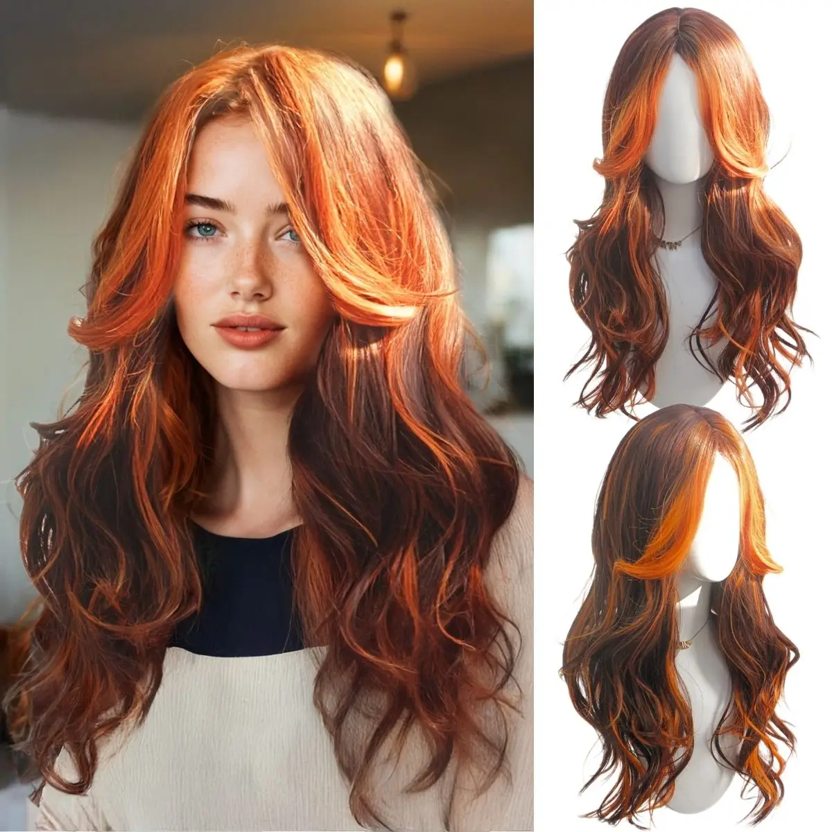 

Anxin Flame Orange Spot Dyed Long Curly Synthetic Wig With Bangs For Women 's Daily Life