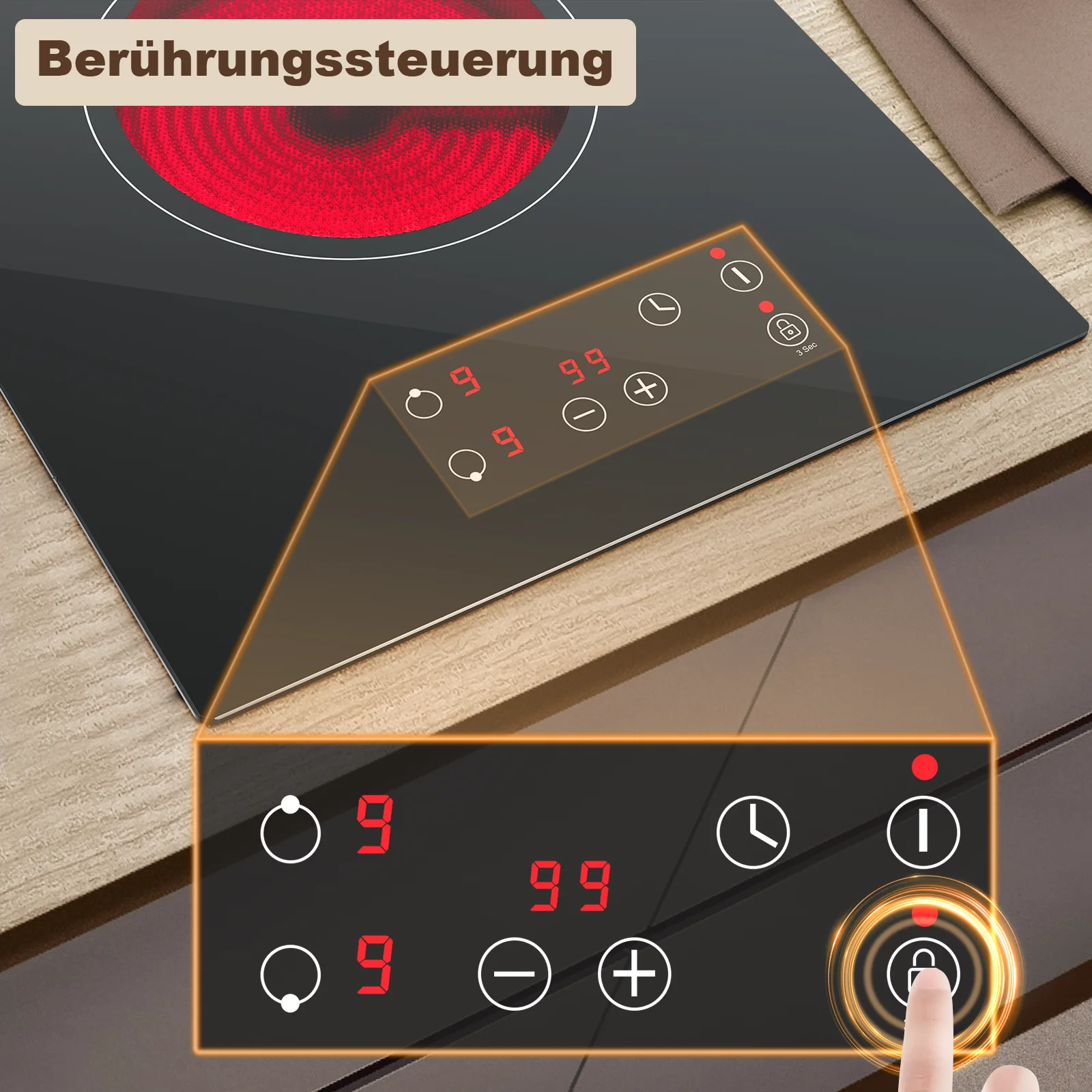 موقد سيراميك زجاجي 2 لوحات موقد كهربائي 30 سم 2 لوحات مع قابس تحكم باللمس 3000 وات مع 9 مستويات طاقة مؤقت 1-99 دقيقة #5