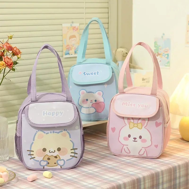 Boîte à lunch portable mignonne pour enfants, sac isotherme thermique lapin rose, poudres à bento, récipient Kawaii, sac de rangement des aliments pour l'école