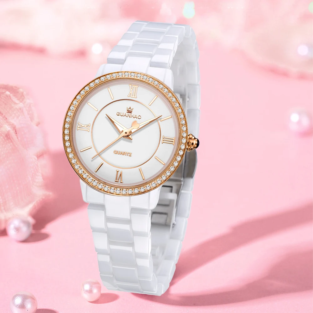 White Ceramic Women Watches With Diamond Waterproof Luxury Romantic Ladies Wristwatch Lady Gift