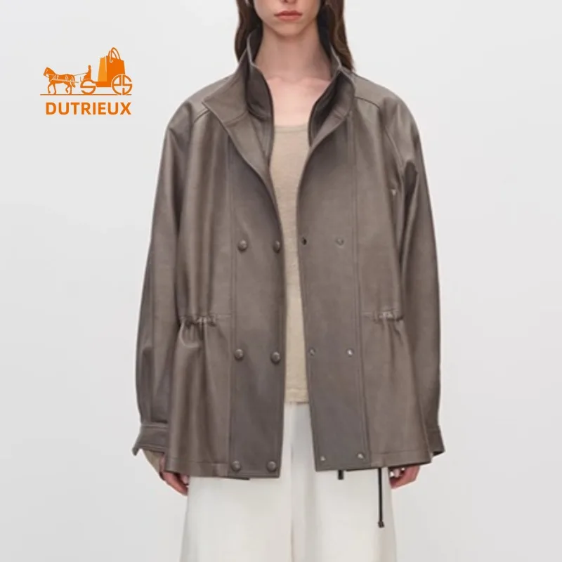 Giacca invernale da donna in pelle di media lunghezza con colletto a doppio strato e vita pieghettata, cappotto squisito elegante dignitoso al 100% in vera pelle di pecora