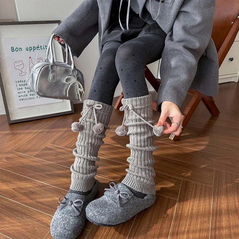 

Women Warm Knit Socks Autumn Winter Bow Thick Mid Tube Socks Cute Lolita Sweet Girl Socks Female Solid Shin Guard Stacked Socks