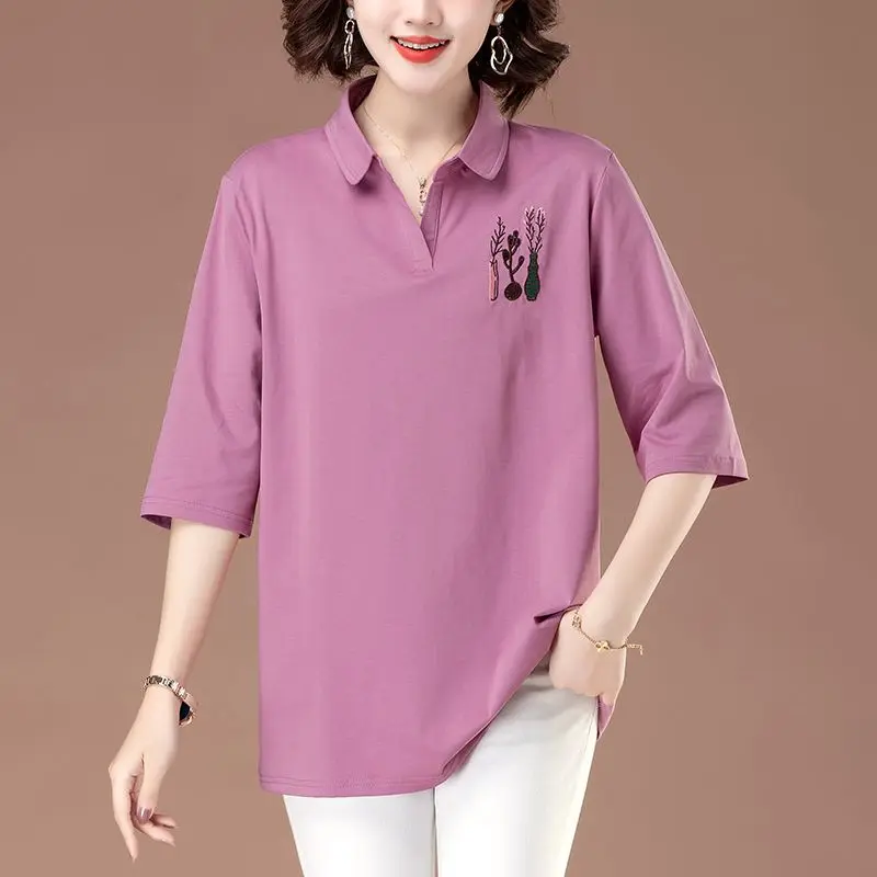 تي شيرت صيفي فضفاض مناسب للأم مقاس كبير مع أكمام ثلاثة أرباع قميص نسائي كاجوال لمنتصف العمر وكبار السن، Turn-d #1