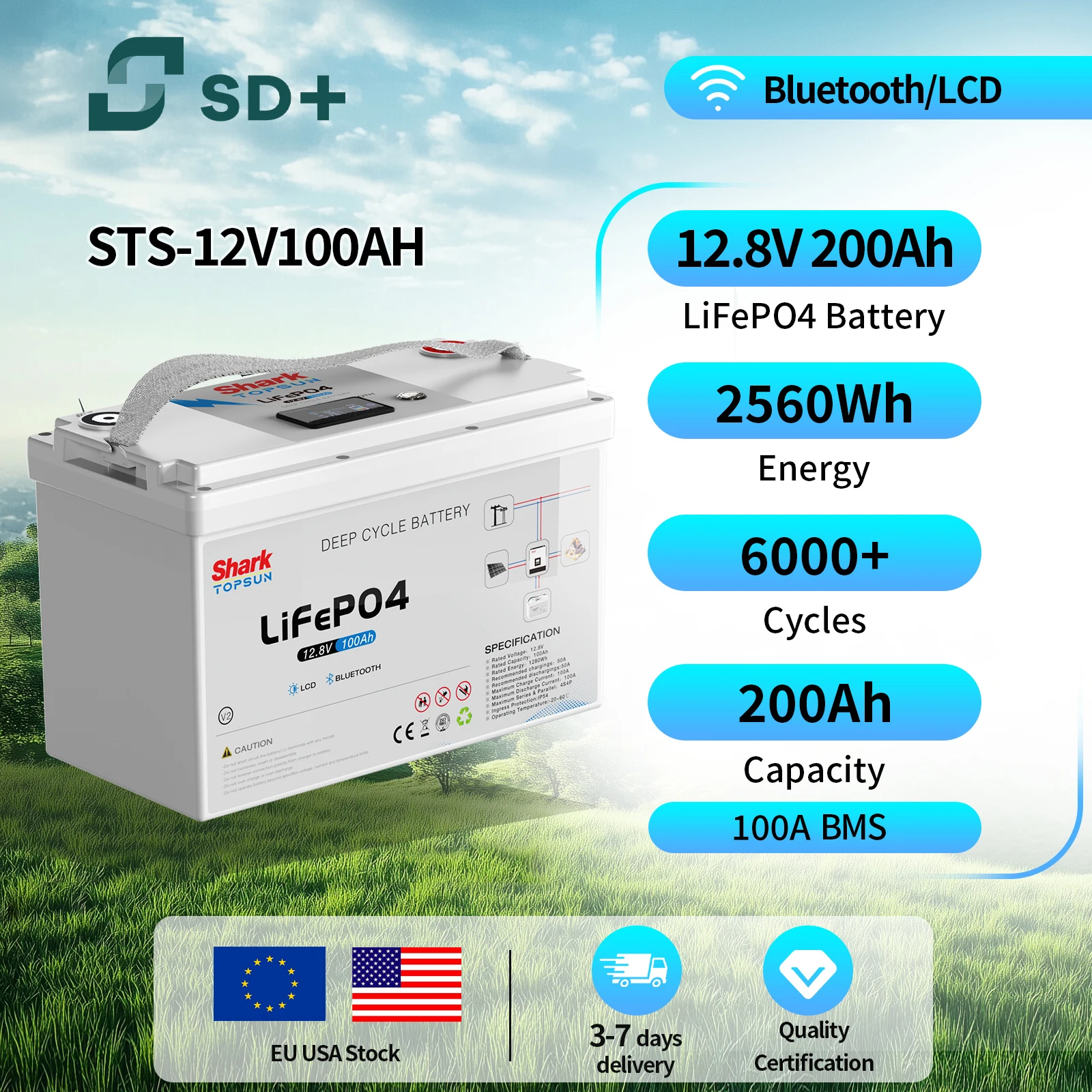 SANDISOLAR 12V 200Ah LiFePO4 Battery 100A Continuous Discharge Off-Grid Solar Energy Storage System 2560Wh