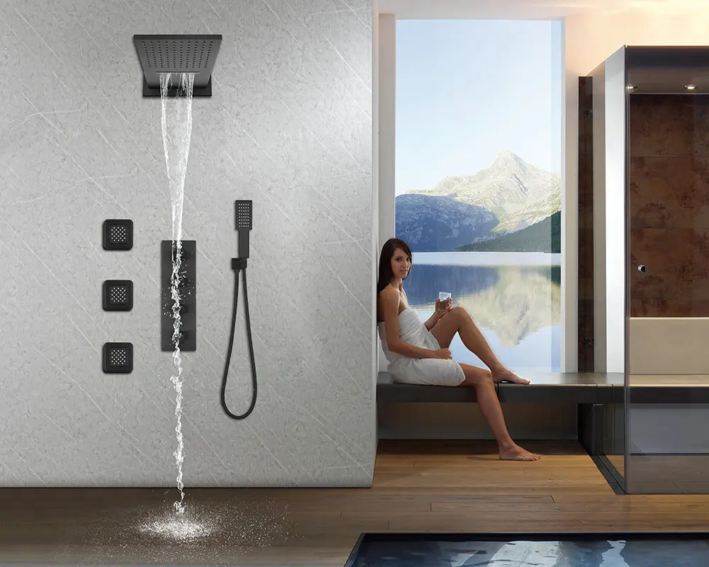 Black Embedded Wall-Mounted Shower Set, Hot and Cold Rotary Switch, with Wall Spray, with Rain Shower, Made of Solid Brass YX699