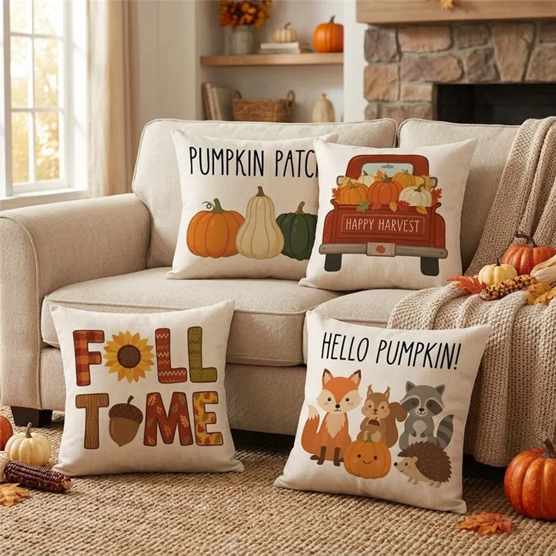 Vintage Truck Fall Harvest Decorative Throw Pillow Cover 2 Pieces Sets Pumpkin Maple Print Square Sofa Cushion Cover