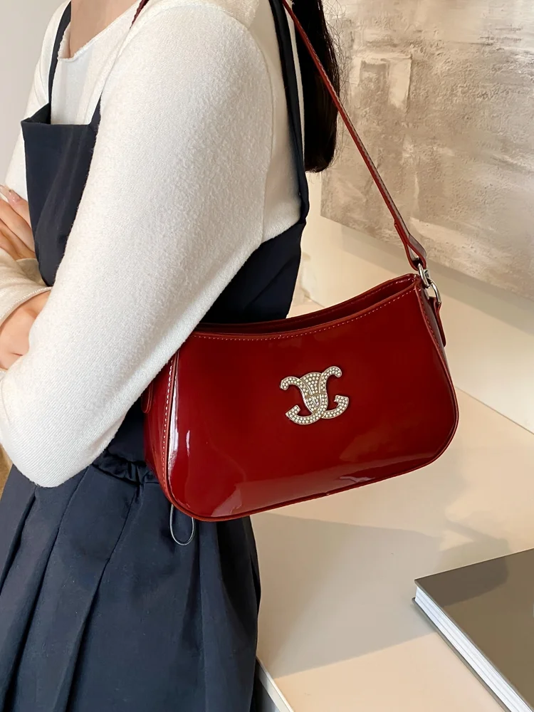 Red Patent Leather Bag Women 2024 New Trendy High-Grade One-Shoulder Underarm Bag Shoulder Wedding Bag Wedding Bridal Bag