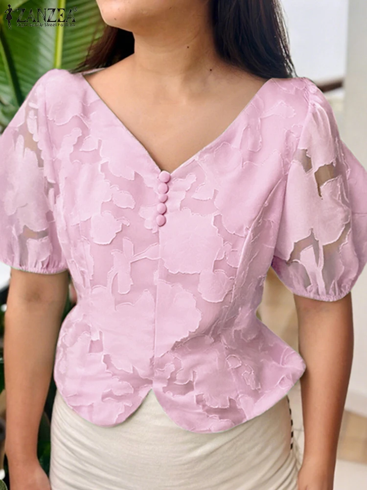 ZANZEA Elegant Summer Women Lace Blouse Sexy Tunic Tops 2025 Short Puff Sleeve V-Neck Casual Shirts Solid Color Office OL Blusas