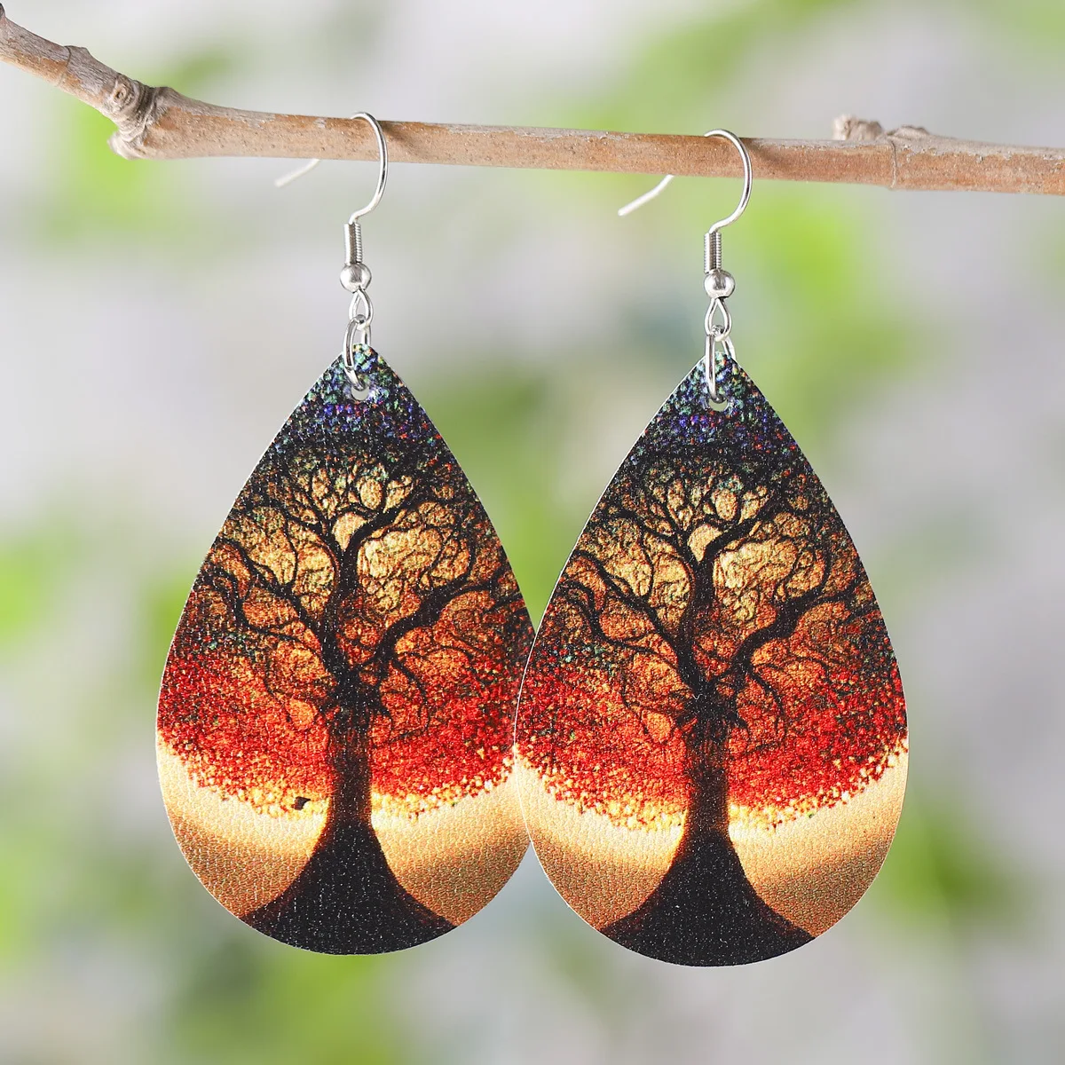 New Love Life Tree Water Drop Earrings Landscape Tree Colorful Double sided Printing Creative PU Leather Earrings Gift