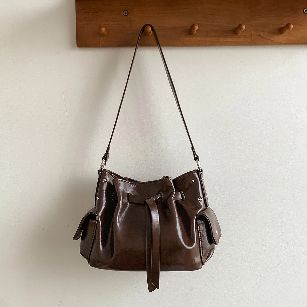 

Korean Style Pleated All-Match Shoulder Bag Soft Solid Color Pu Large Capacity Bucket Bags Spring Chic Versatile Crossbody Pack