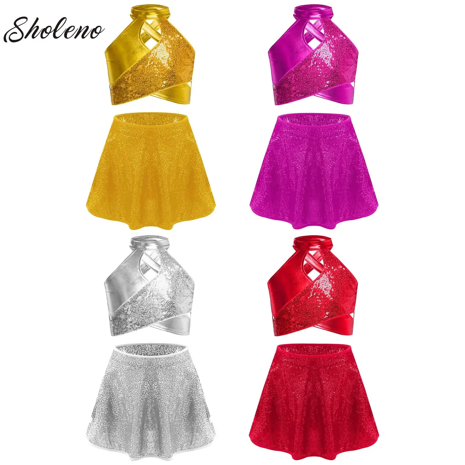 

Kids Girls Latin Jazz Dance Outfit Cross Sparkly Sequins Metallic Crop Top+Pleated Skirt Ballet Dress Stage Performance Costume