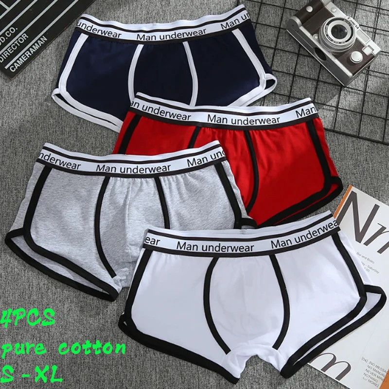 

4Pcs Men's Solid Color Cotton Panties Breathable Boxer Men's Sexy Flat Corner Pants Fashionable Comfortable Four Corner Pants