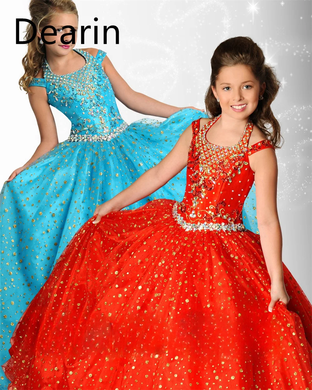 Customized Dearin Shoulder Girdle Ball Gown Floor Length Skirts Sequin Tulle Flower Girl Dresses