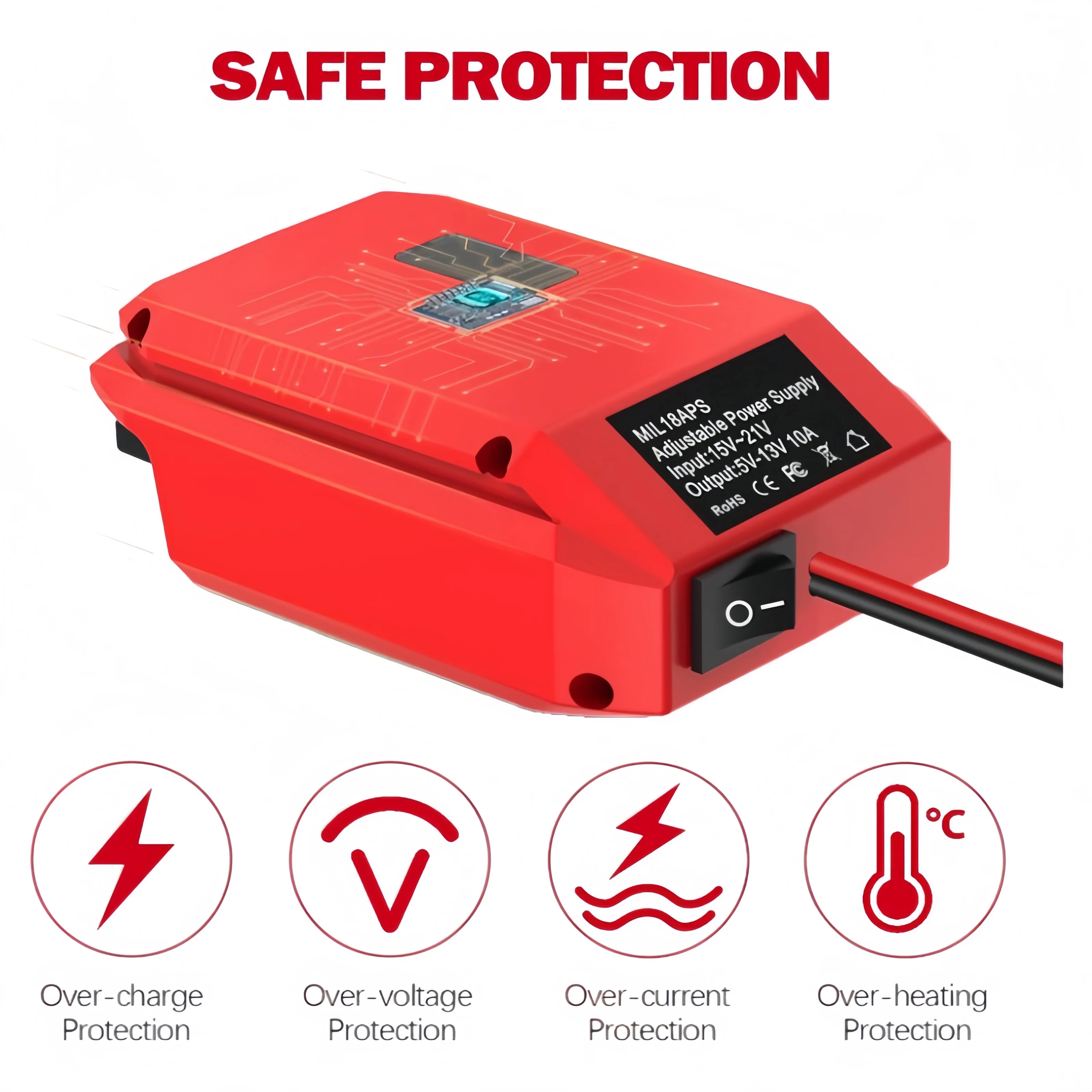 18V to 12V step-down power converter for Milwaukee 18V lithium battery, 12V/20A/240W rate, with cigarette lighter plug