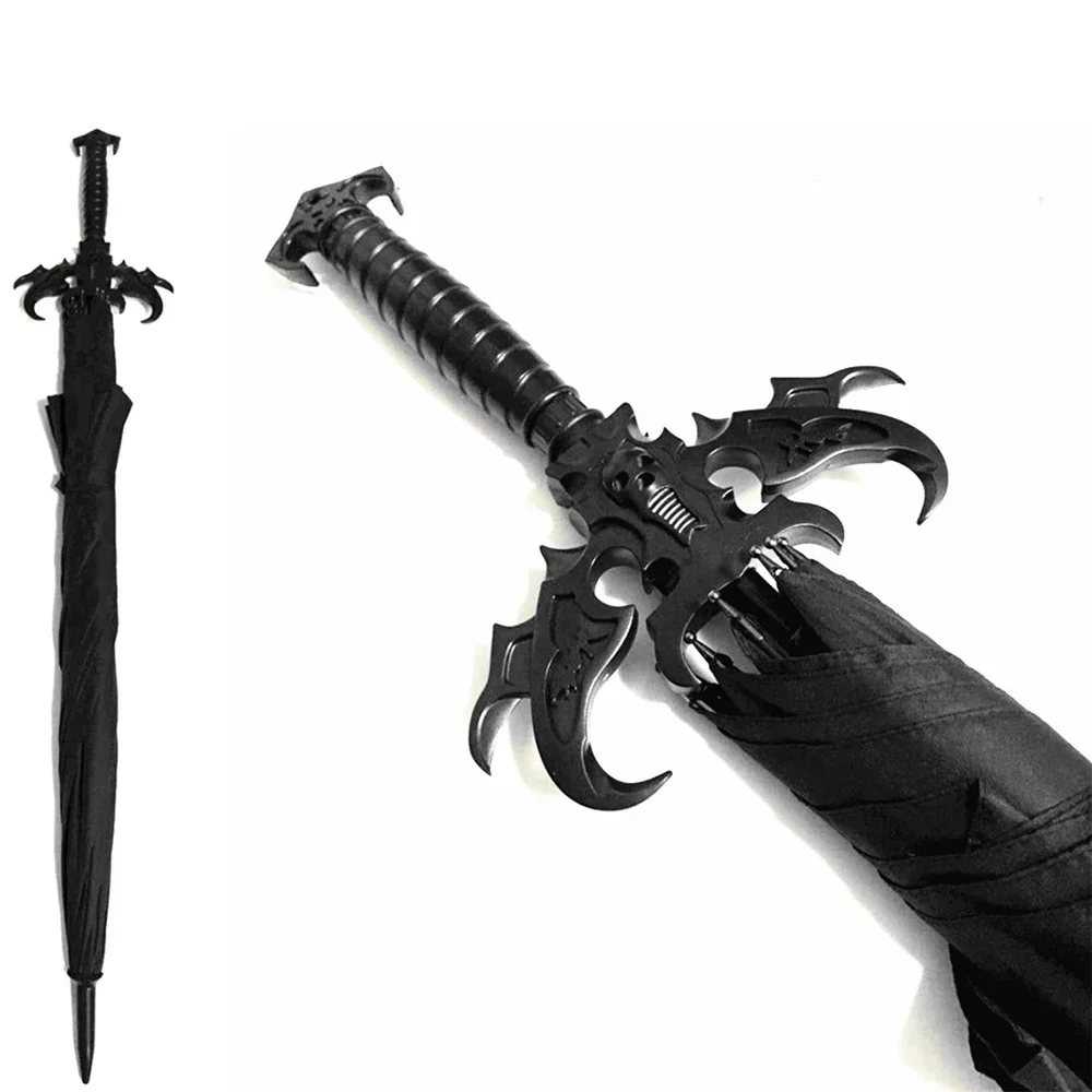 Black Umbrella Straight Handle Automatic Sunshad Holy Sword Gothic Style Devil Personality Creative Style Modeling Demon Skull