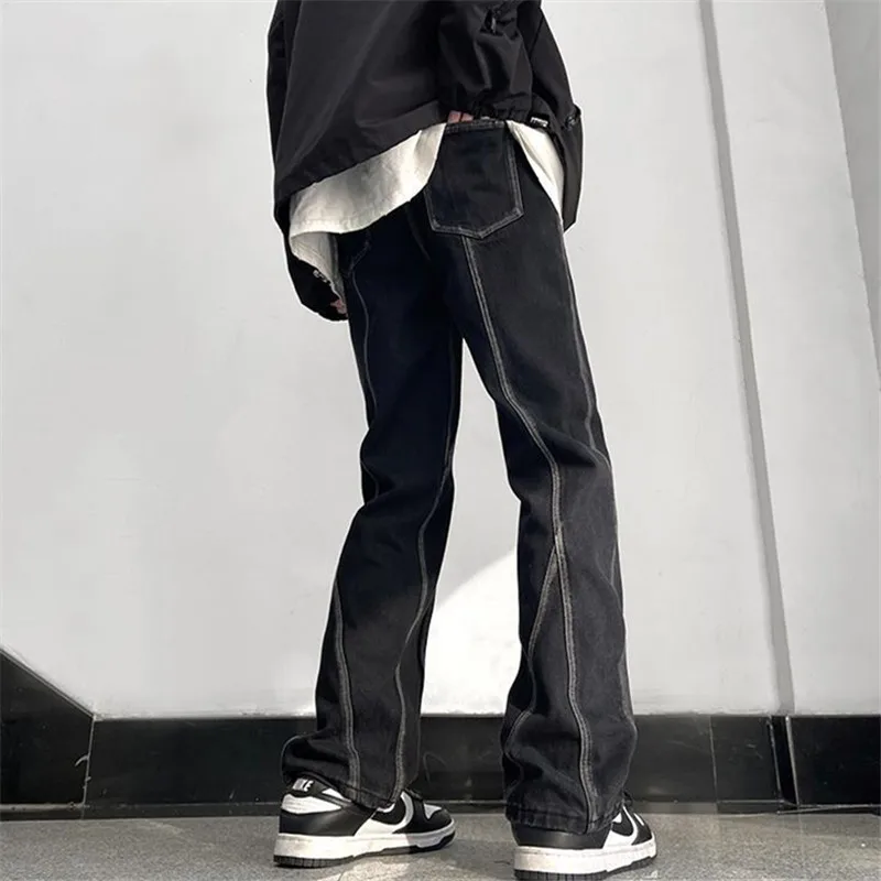 Jeans Men Y2K Solid Color Patchwork Button Pocket High Street Straight Pants Middle Waist Trousers A173