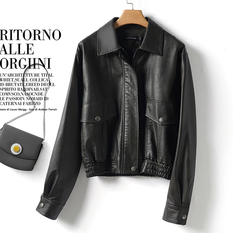 Casual Donna Giacche di pelle di pecora 2025 Autunno Moda Cerniera allentata Donna Elastico in vita Split Pelle di pecora Moto e giacca da motociclista Cappotti