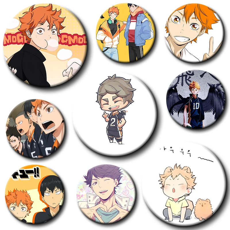 

58mm Haikyuu!! Anime Pins Shoyo Hinata Tobio Kageyama Daichi Sawamura Sugawara Koushi Cartoon Brooches Cosplay Badge Accessories