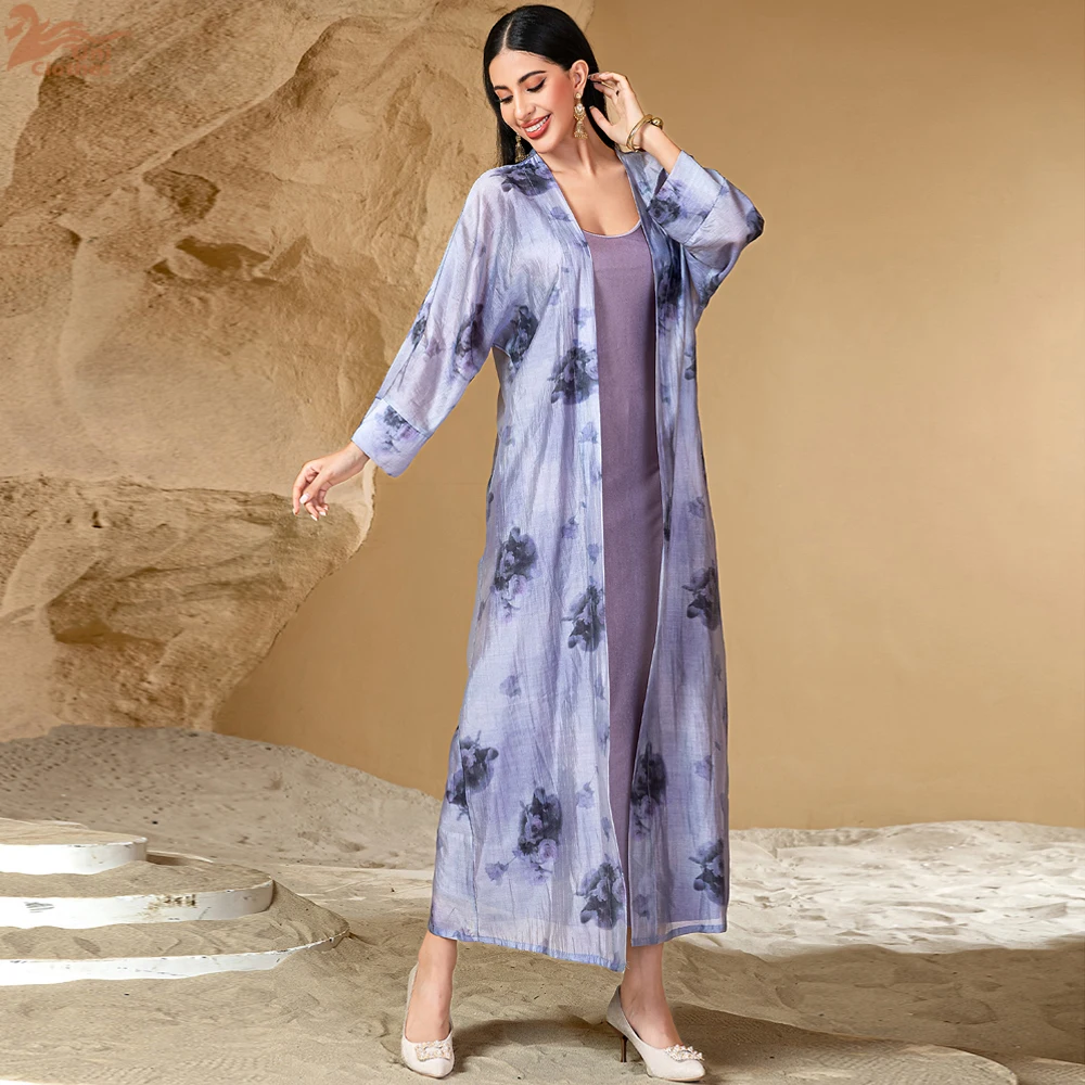 Dubajski Otwarty Kimono Abaja i Sukienka Wewnętrzna Muzułmański Zestaw 2-częściowy dla Kobiet Sukienka Eid Ramadan Abaja Islam Kardigan Arabski Długa Szata Codzienna