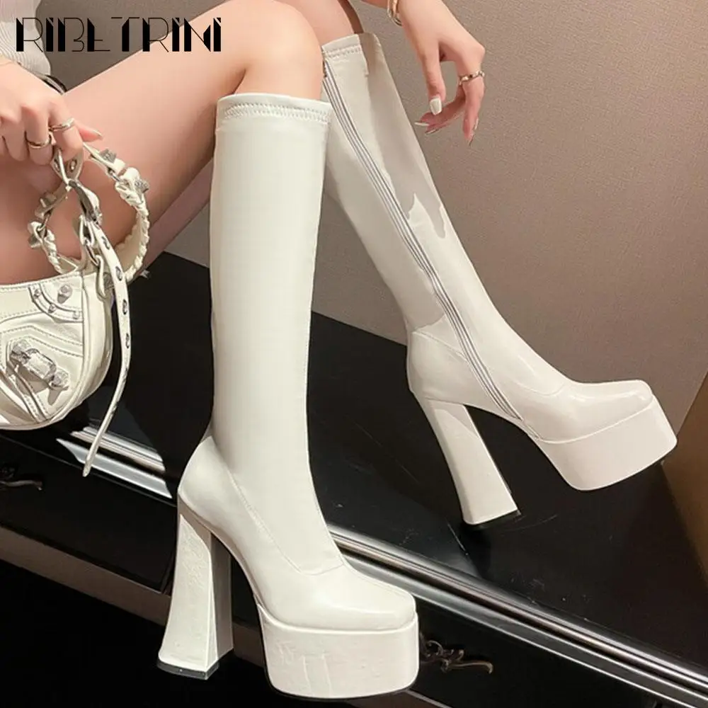 Retro Comfy Fashion High Heeled Women Boots Vintage Simple Zipper Plus Size 40-46 Motorcycle Boots Chunky Casual Winter Shoes