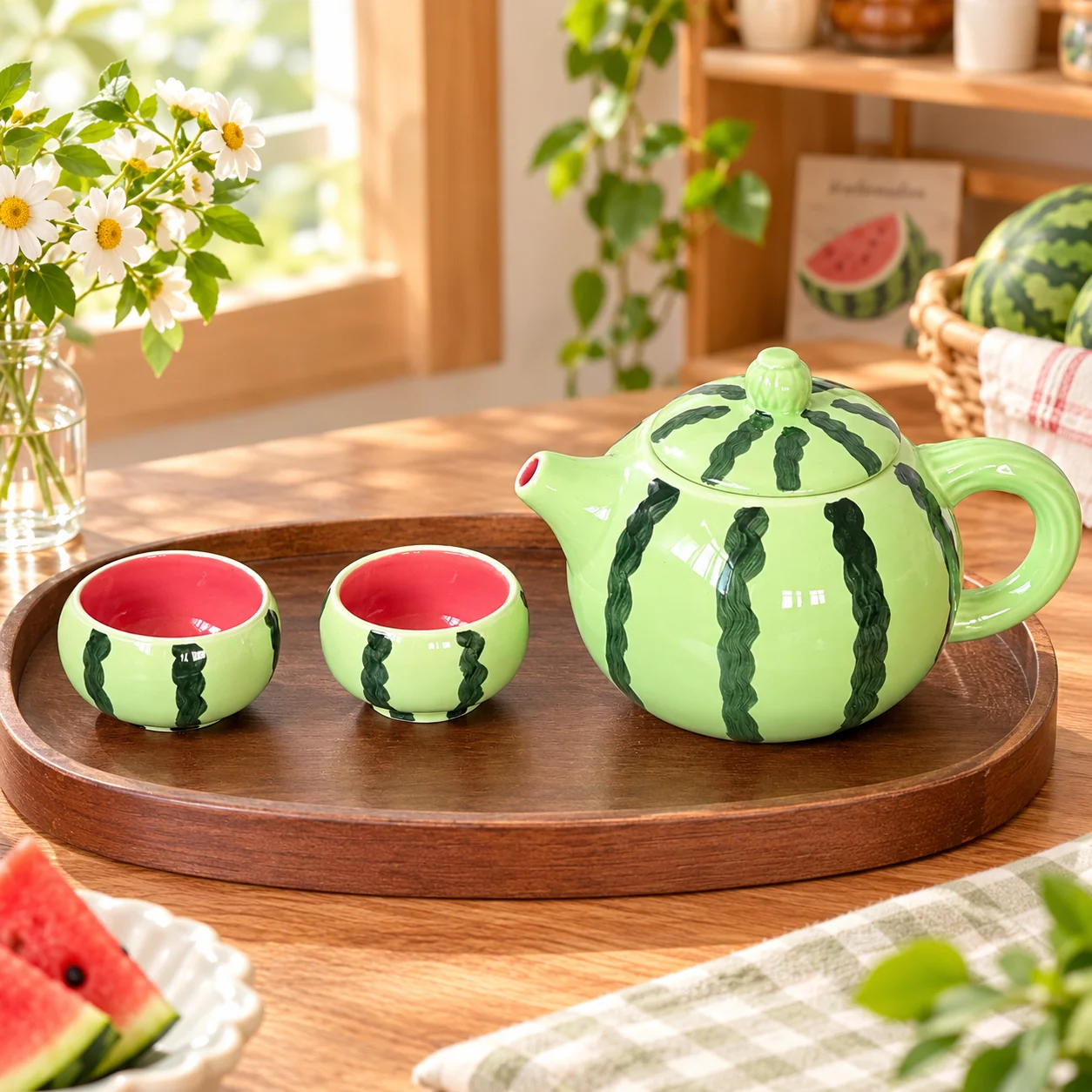 Watermelon Ceramic Teapot Set with Matching Cups, Cute Fruit Tea Coffee Pot, Underglaze Art, Couple Gift