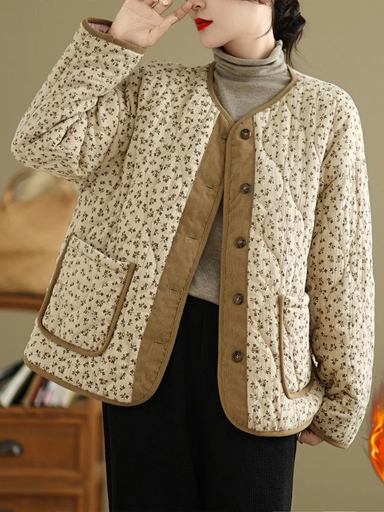 

plus Size Retro Floral Cotton Jacket Women's Winter Thickened Fashion Korean Style Button Pocket Print Long Sleeve round Neck...