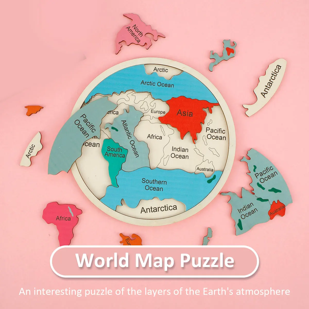 World Map Puzzle Wooden World Jigsaw Puzzle Round Geography Puzzle Portable Kids Game Toy Gift Funny Earth Ocean Learning